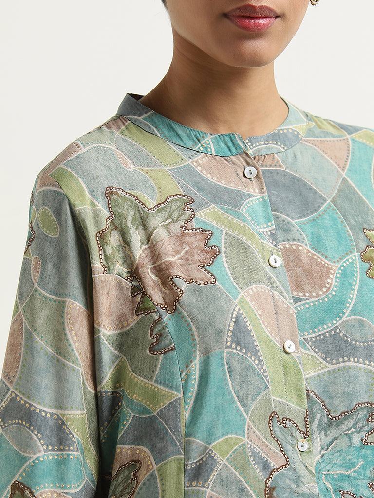 Utsa Turquoise Geometrical Design A-Line Kurta