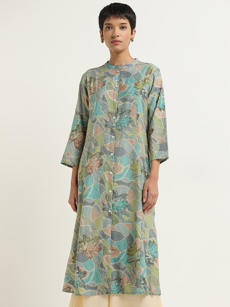 Utsa Turquoise Geometrical Design A-Line Kurta