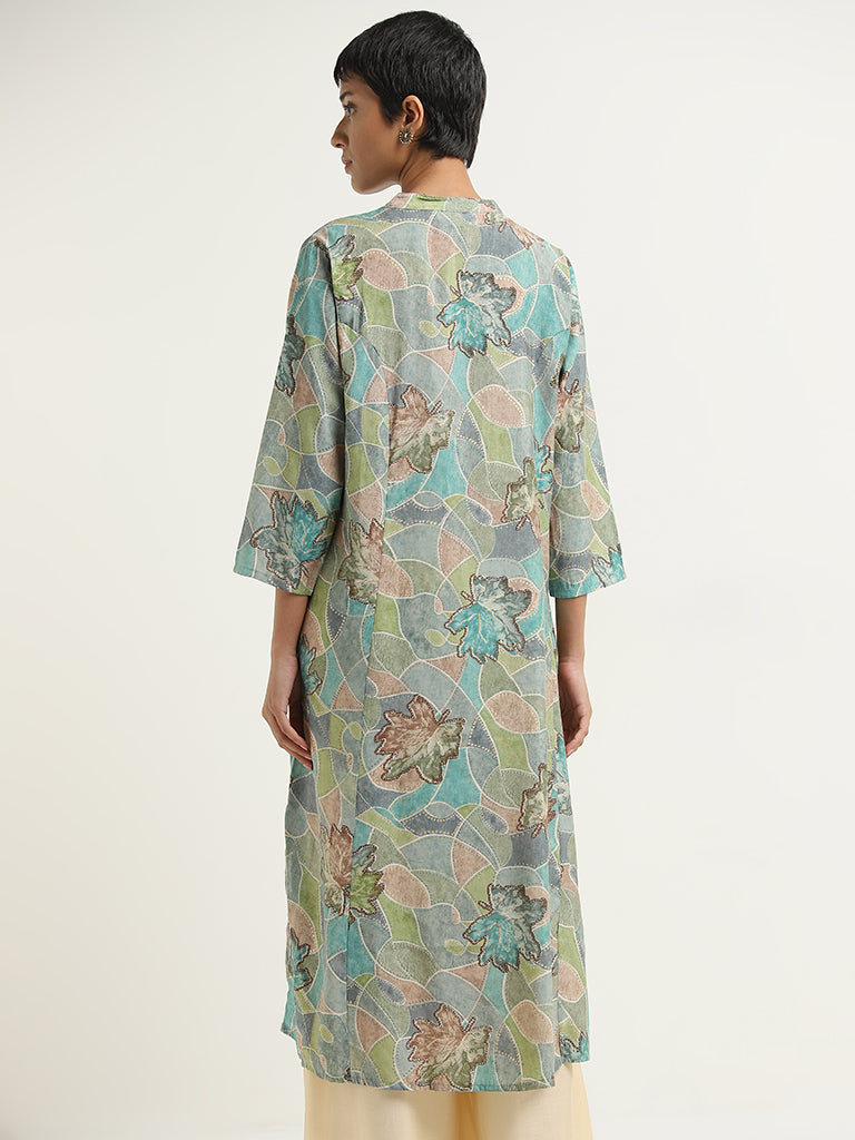 Utsa Turquoise Geometrical Design A-Line Kurta