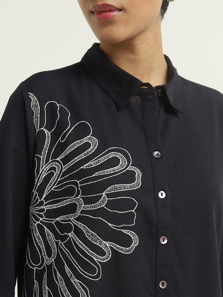 Utsa Black Embroidered A-Line Cotton Blend Kurta