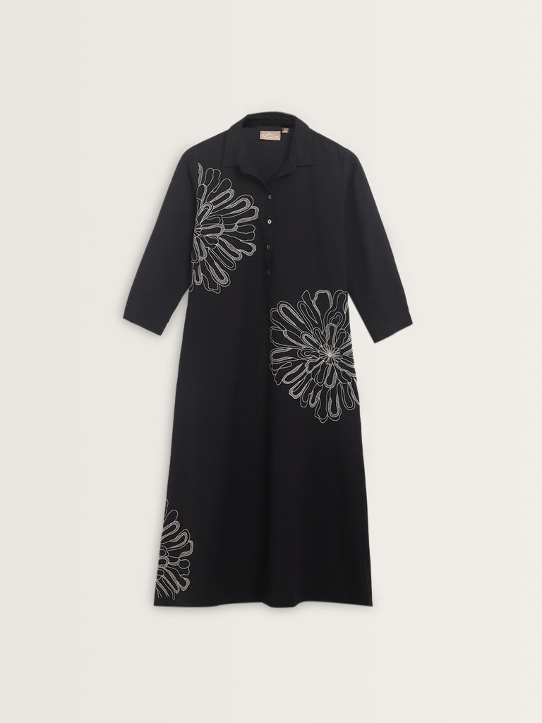 Utsa Black Embroidered A-Line Cotton Blend Kurta