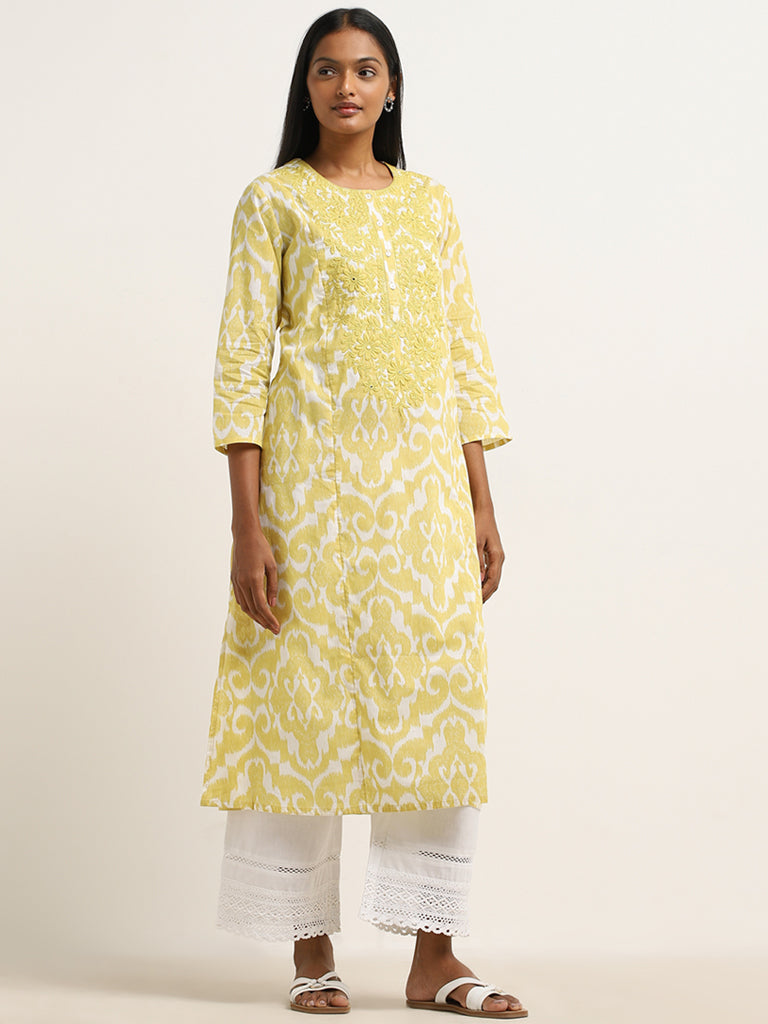 Utsa Yellow Ikat Pattern Straight Cotton Kurta