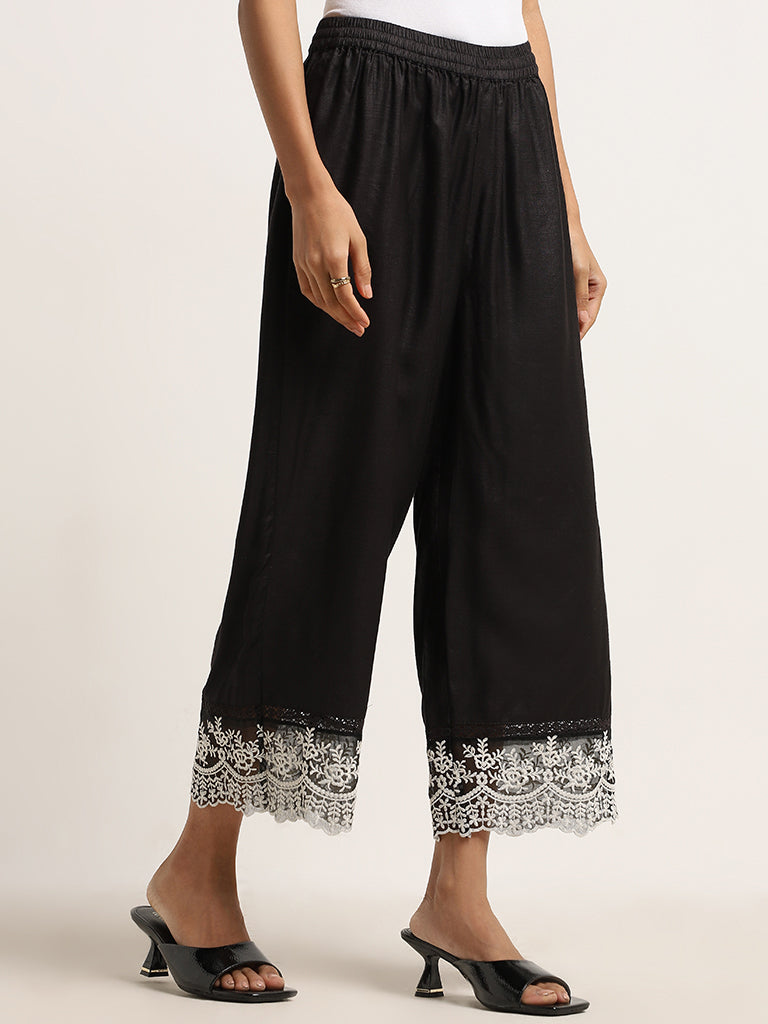 Zuba Black Floral Embroidered Mid-Rise Cotton Palazzos