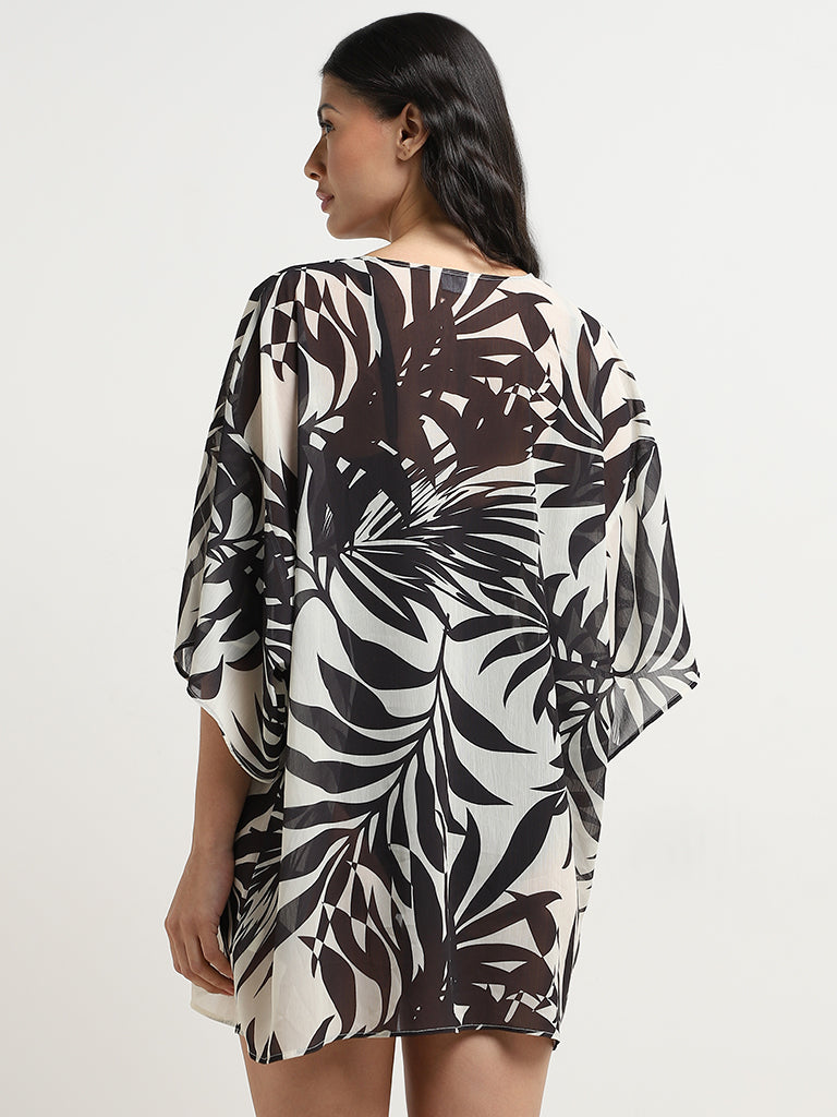 Wunderlove Black Tropical Print Swimwear Cover Up Kimono