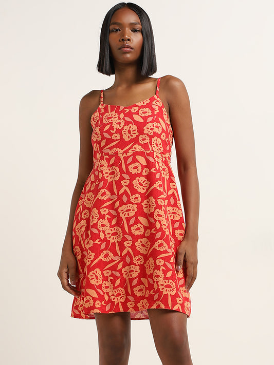 Nuon Red Floral Printed A-Line Blended Linen Dress