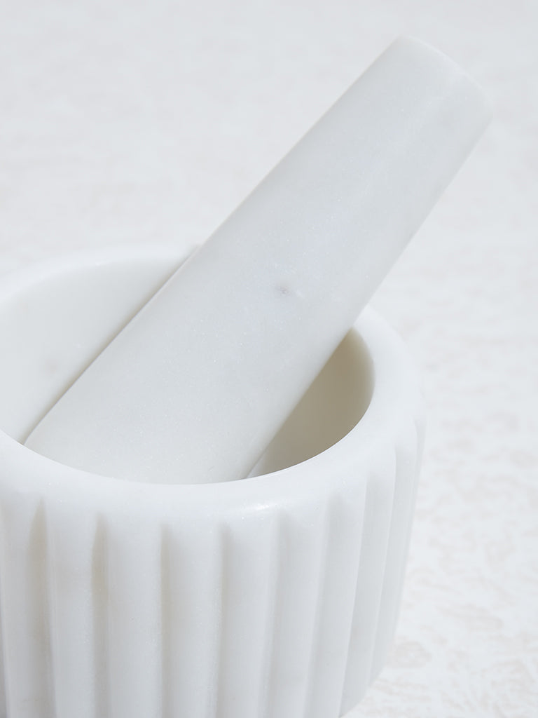 Westside Home White Ribbed Textured Marble Mortar and Pestle