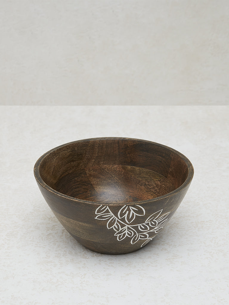 Westside Home Dark Brown Leaf Embossed Wooden Bowl - Large