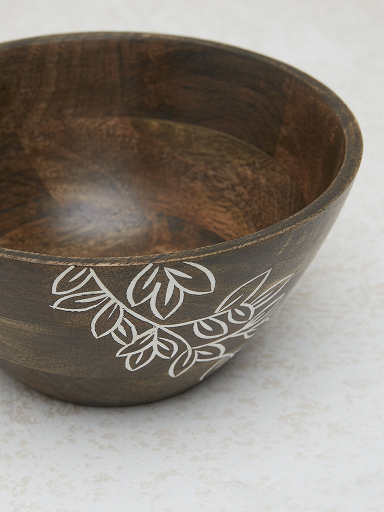 Westside Home Dark Brown Leaf Embossed Wooden Bowl - Large