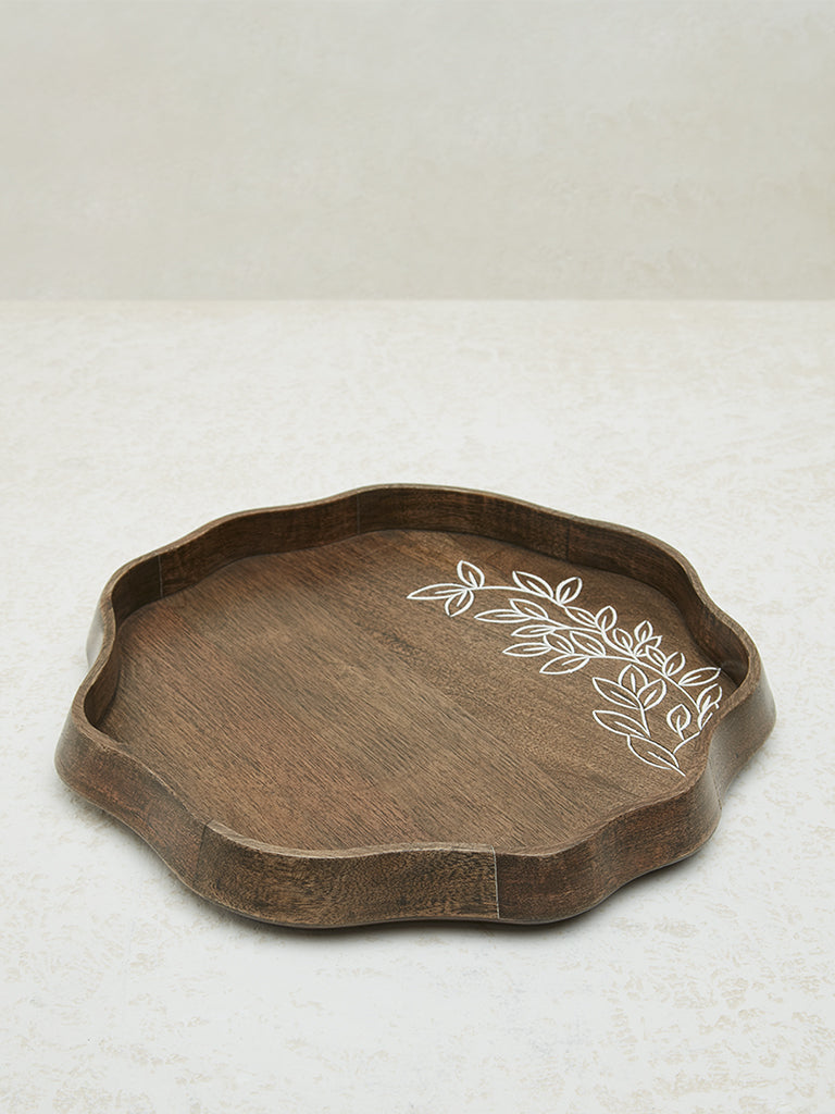 Westside Home Dark Brown Leaf Embossed Round Tray