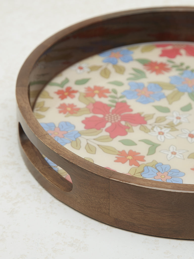 Westside Home Multicolour Floral Printed Wooden Circular Tray