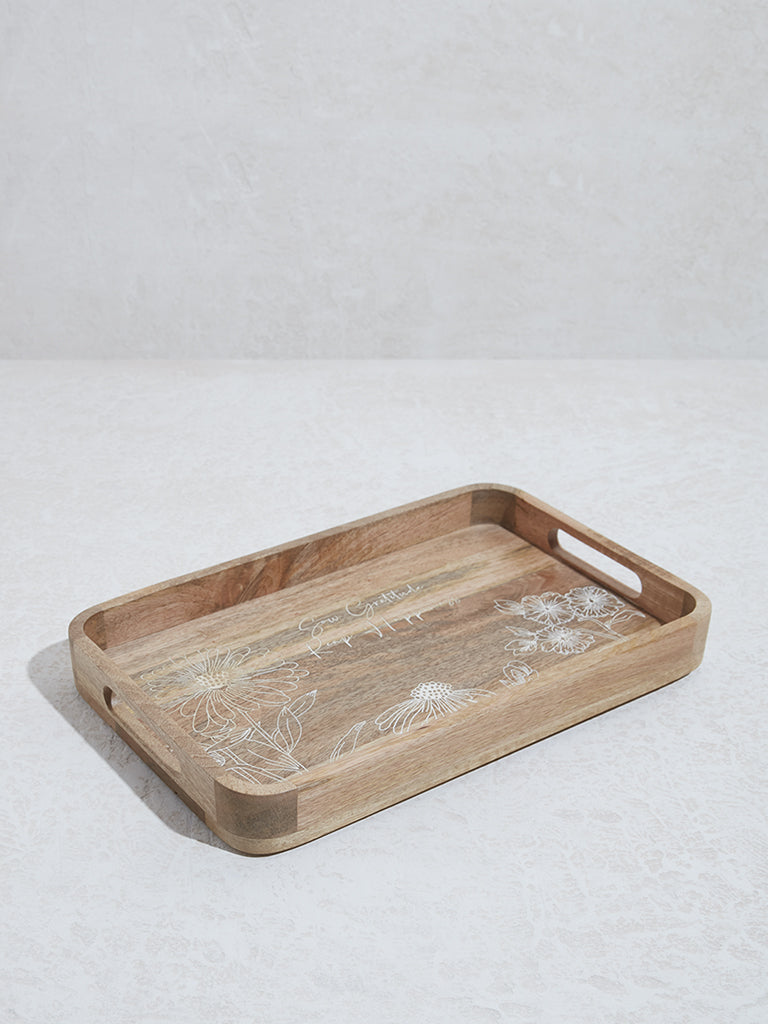 Westside Home Brown Wooden Floral Design Serving Tray