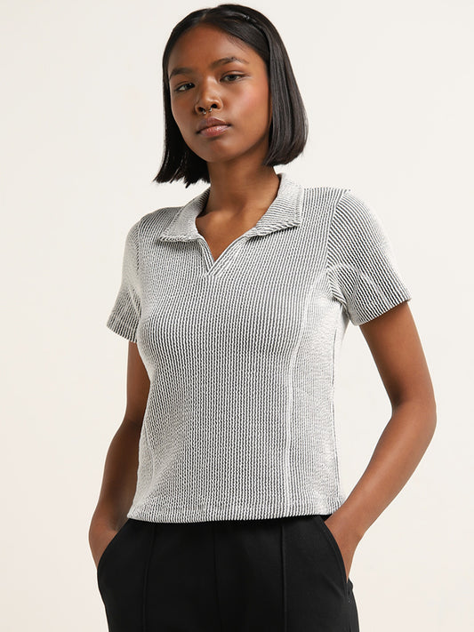 Studiofit Black & White Ribbed Textured Cotton T-Shirt