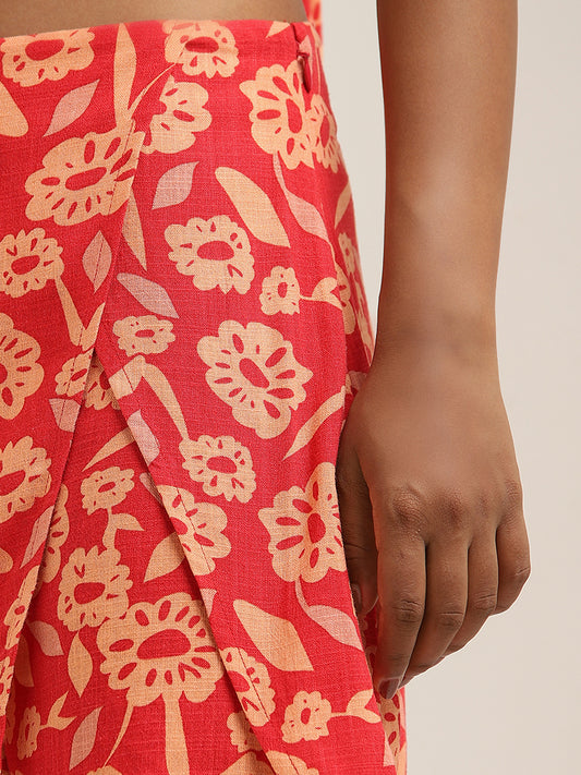 Nuon Red Floral Printed Mid-Rise Blended Linen Skort