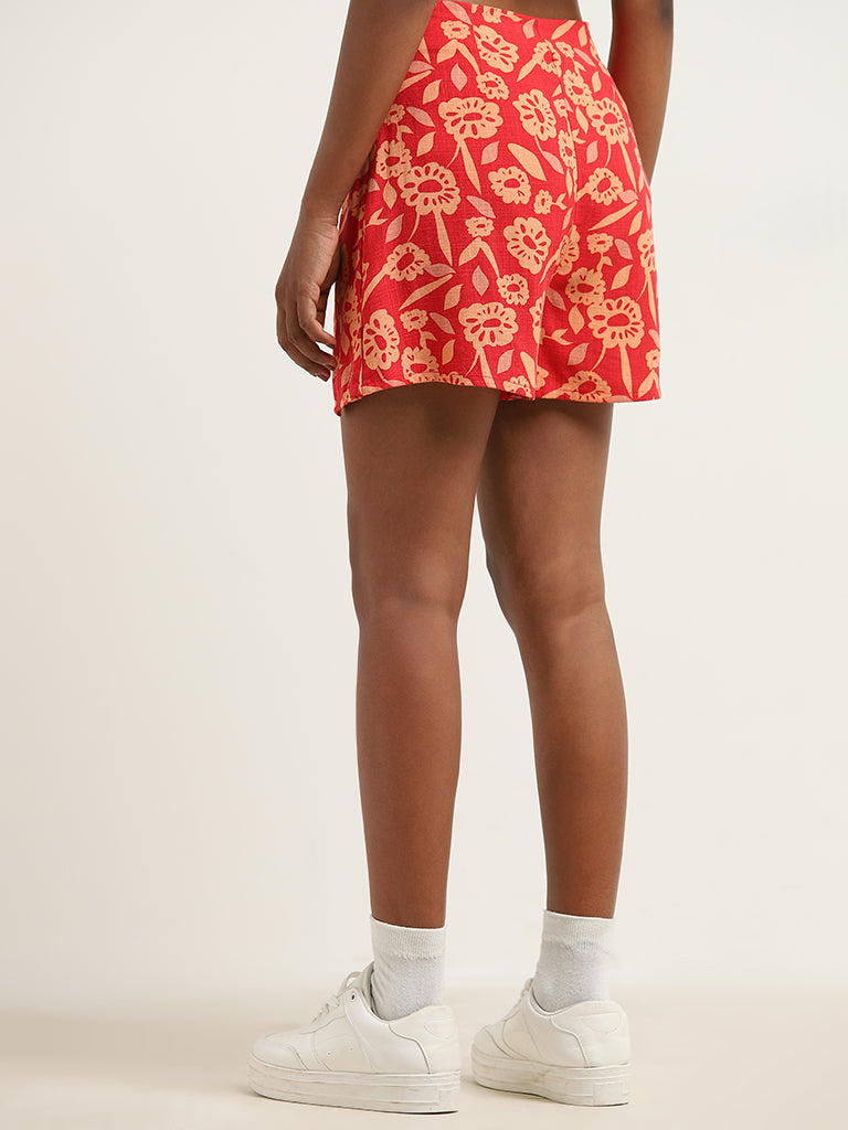 Nuon Red Floral Printed Mid-Rise Blended Linen Skort