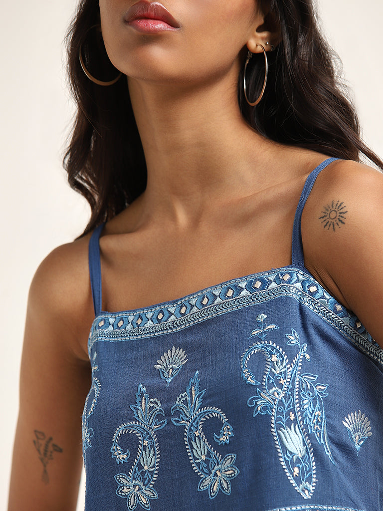 Bombay Paisley Dark Blue Paisley Tiered Cotton Dress