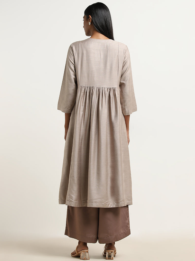 Zuba Taupe Mirror-Work Embroidered A-Line Kurta