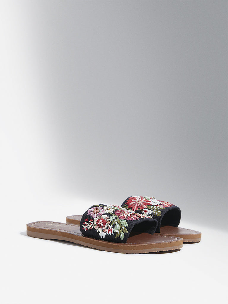 LUNA BLU Black Floral Embroidered Raffia Slides