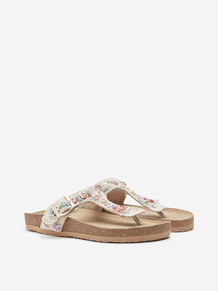 LUNA BLU Ivory Floral Embroidered T-Strap Sandals