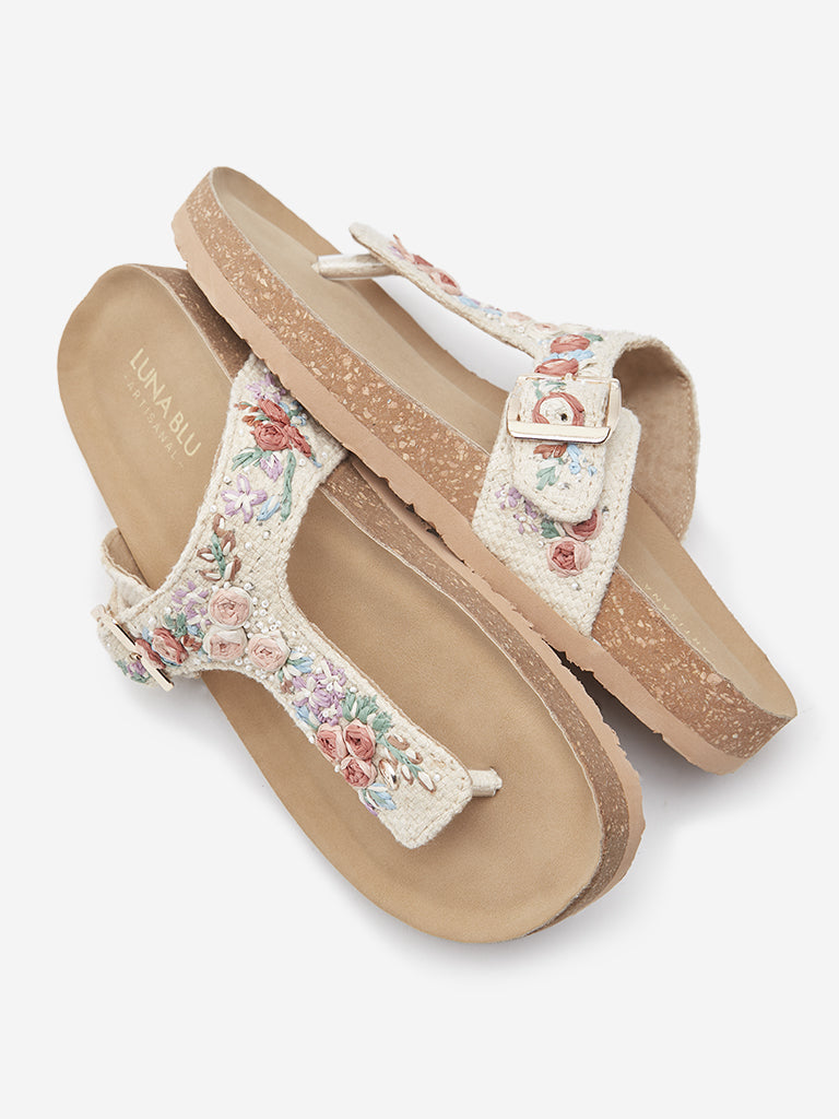 LUNA BLU Ivory Floral Embroidered T-Strap Sandals