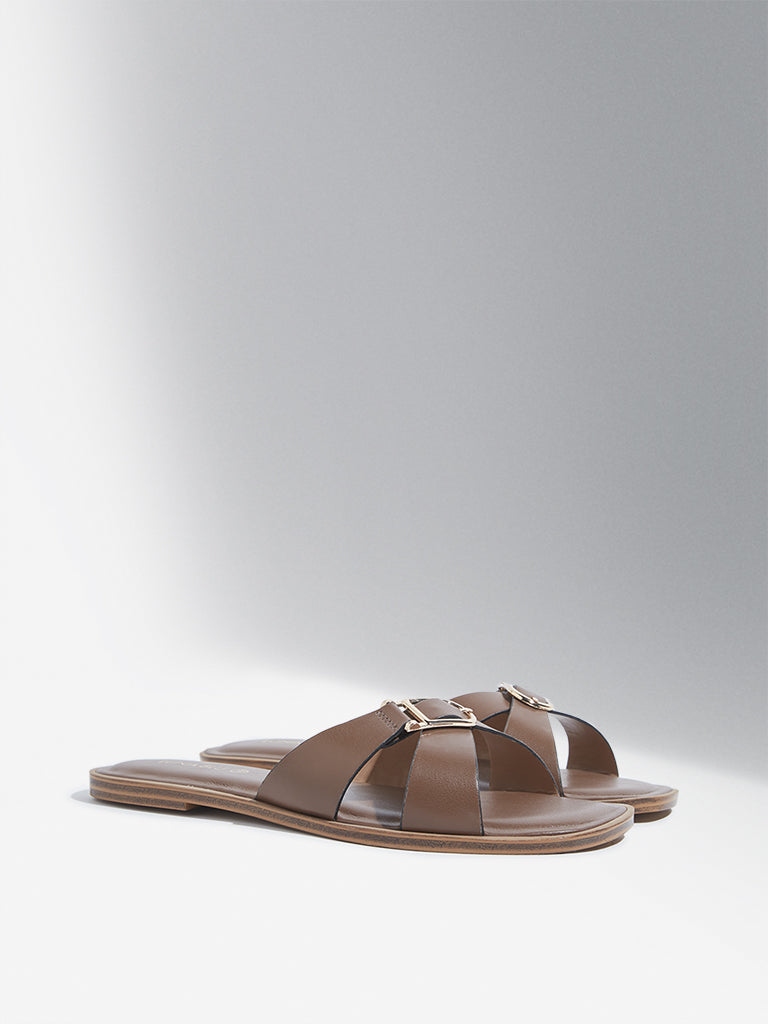 LUNA BLU Brown Cross Strap Buckle Slides