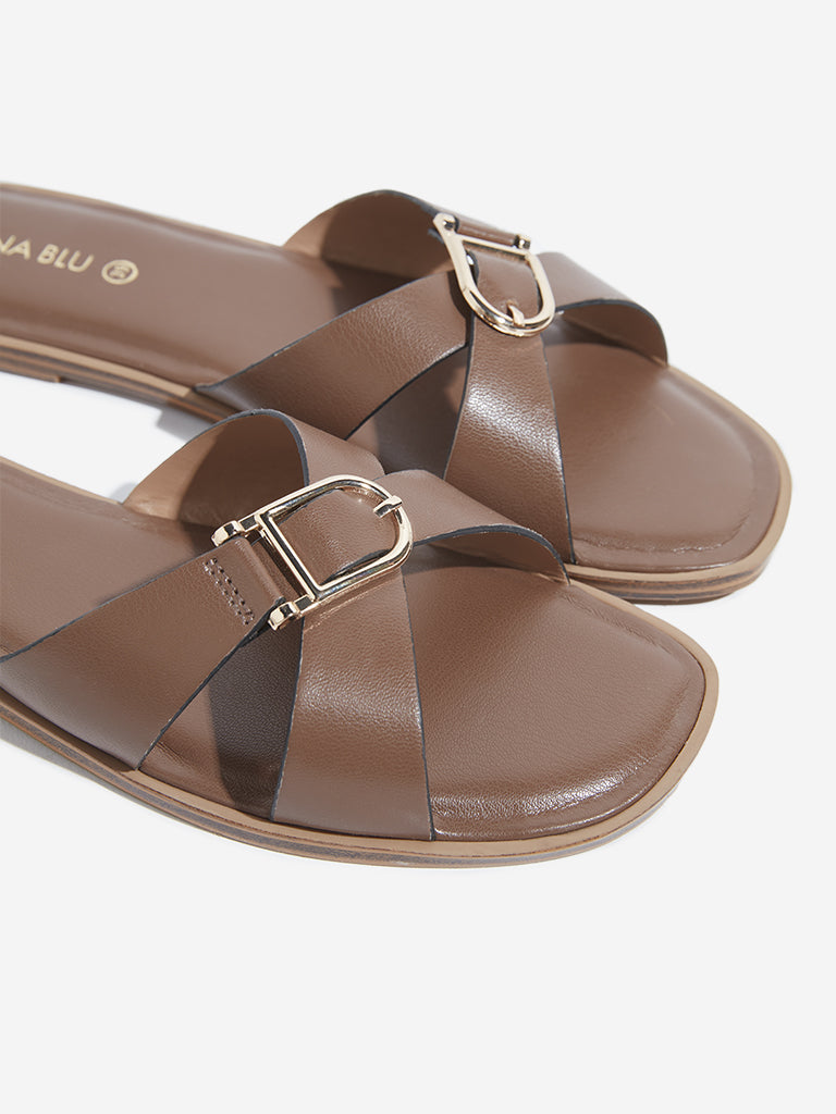 LUNA BLU Brown Cross Strap Buckle Slides