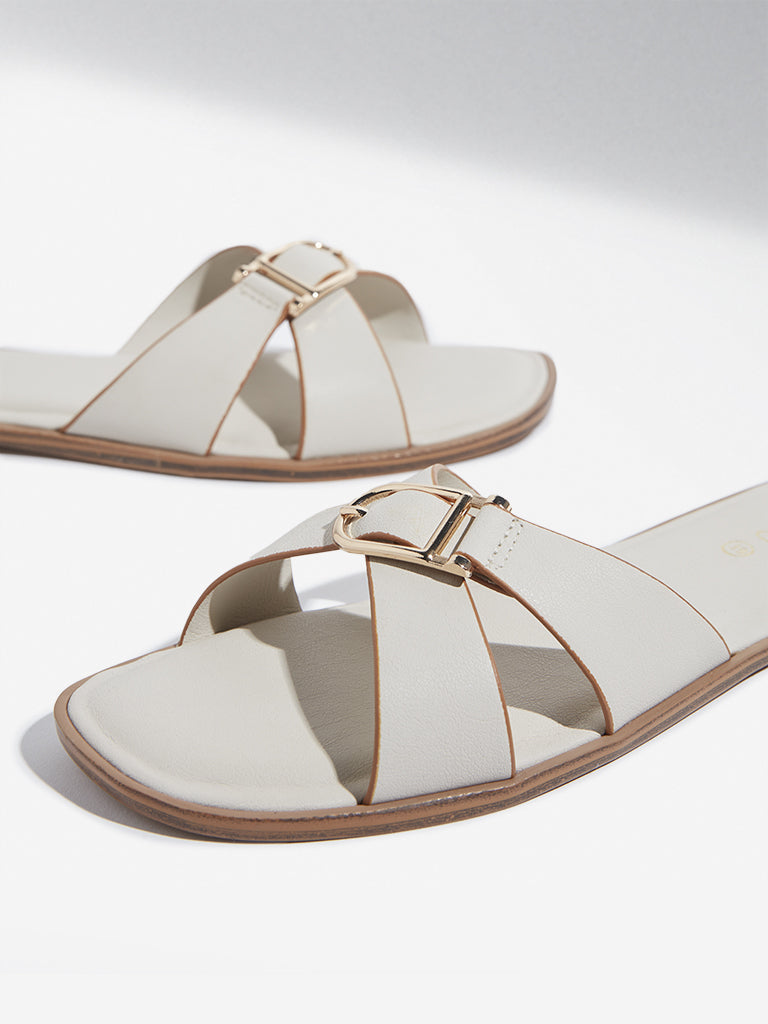 LUNA BLU Ivory Cross Strap Buckle Slides