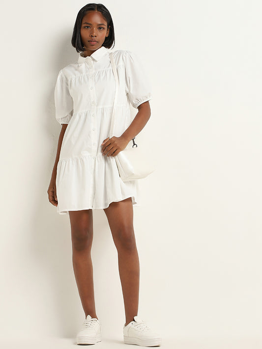 Nuon White Tiered Cotton Shirt Dress