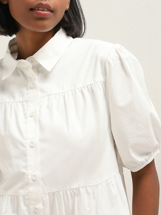 Nuon White Tiered Cotton Shirt Dress