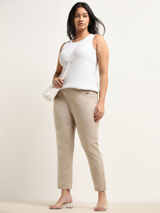 Gia Beige Solid High-Rise Cotton Blend Jeggings