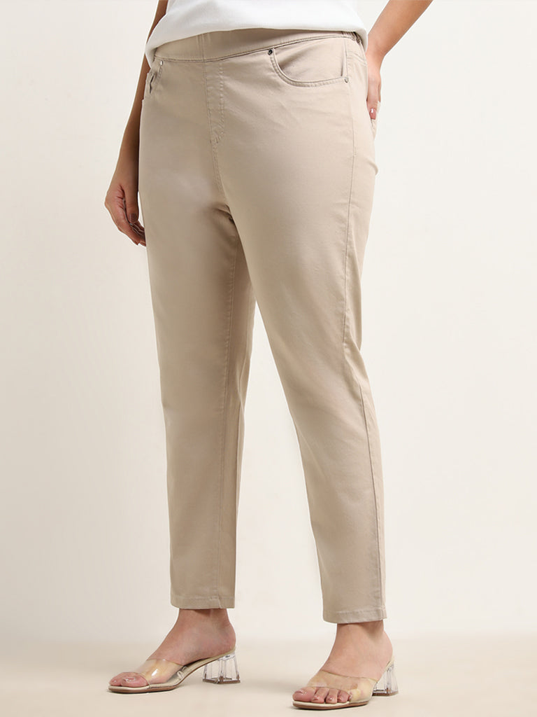 Gia Beige Solid High-Rise Cotton Blend Jeggings