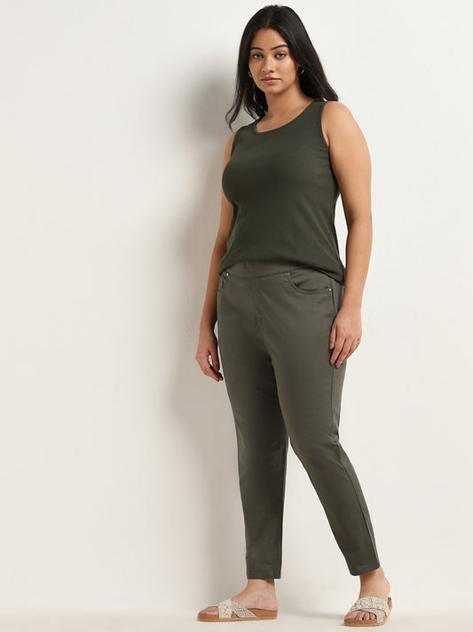 Gia Olive Solid High-Rise Cotton Blend Jeggings