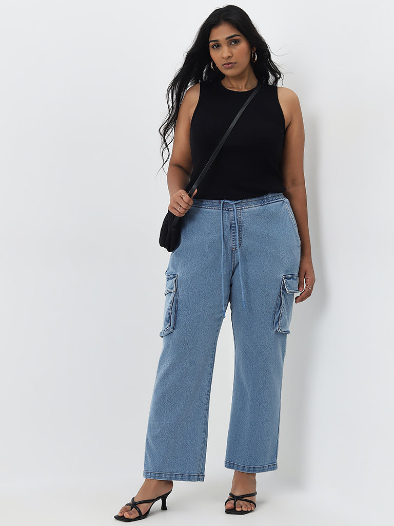 Gia Light Blue Cargo-Style Straight - Fit High - Rise Jeans