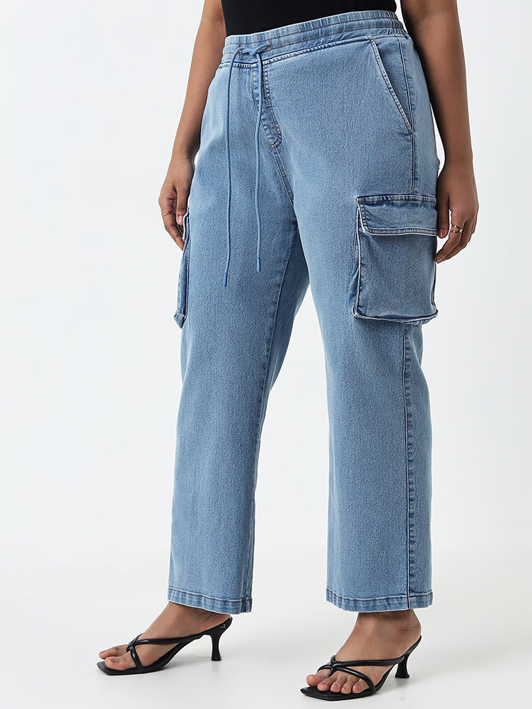 Gia Light Blue Cargo-Style Straight - Fit High - Rise Jeans