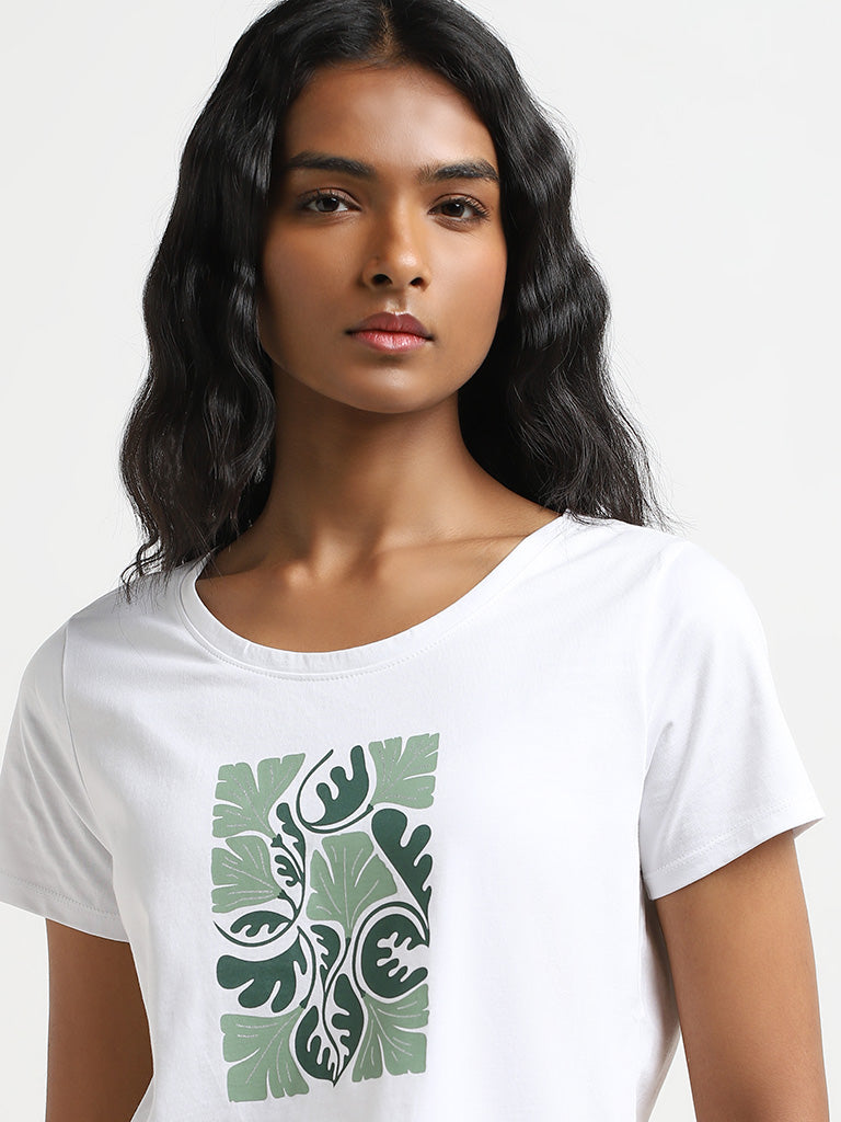 LOV White Leaf Print Cotton T-Shirt