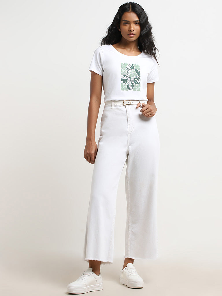 LOV White Leaf Print Cotton T-Shirt