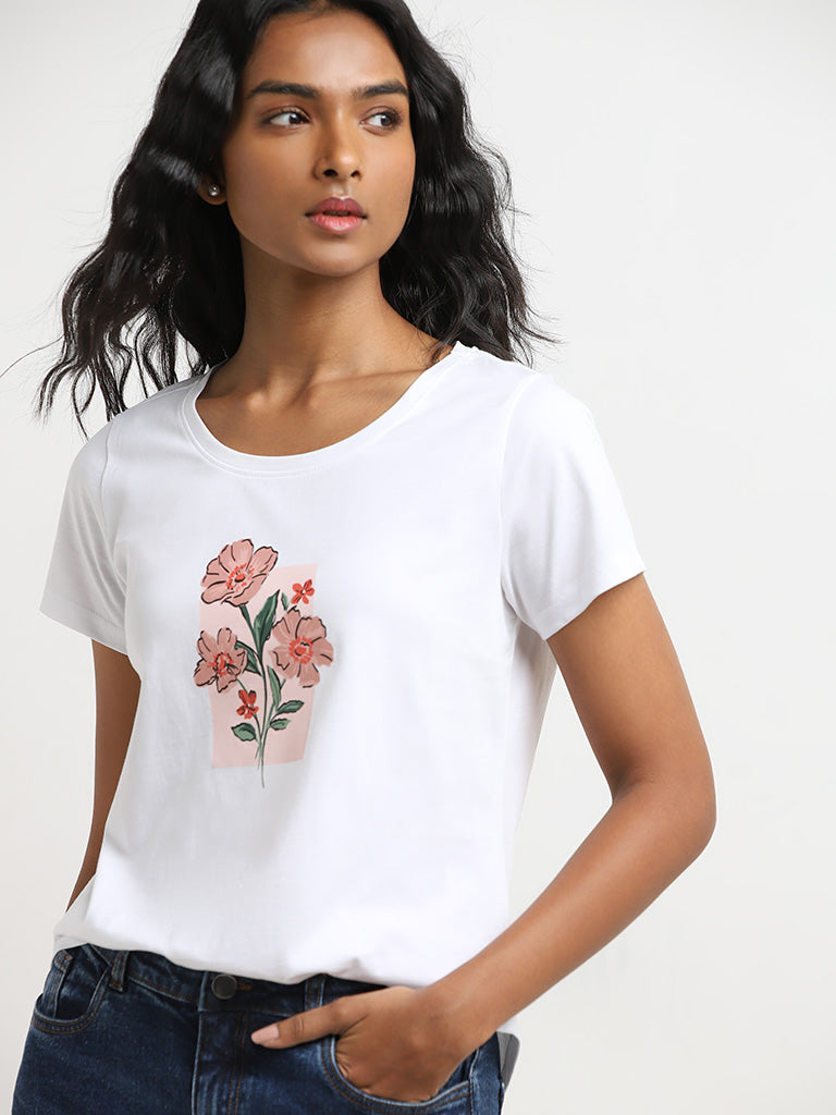 LOV White Floral Printed Cotton T-Shirt