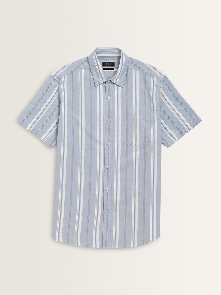 WES Casuals Blue Stripe Printed Relaxed-Fit Cotton Shirt