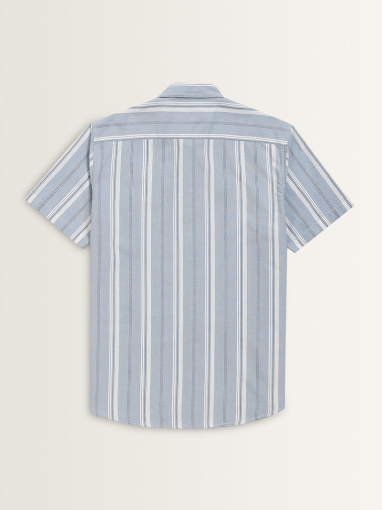 WES Casuals Blue Stripe Printed Relaxed-Fit Cotton Shirt