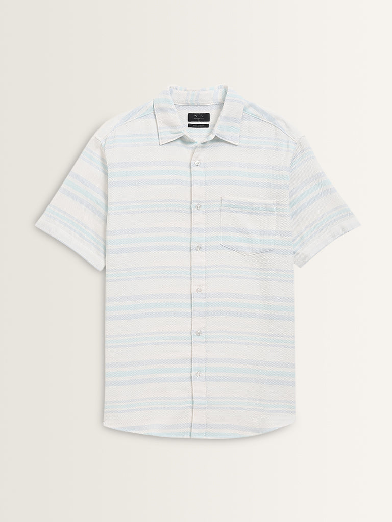 WES Casuals Blue Striped Relaxed-Fit Cotton Shirt