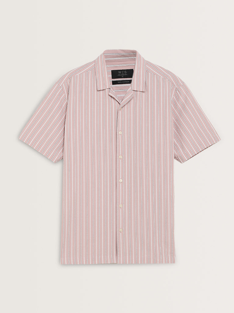 WES Casuals Dusty Pink Striped Relaxed-Fit Cotton Shirt