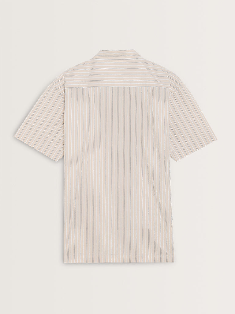 WES Casuals Light Beige Striped Relaxed-Fit Cotton Shirt