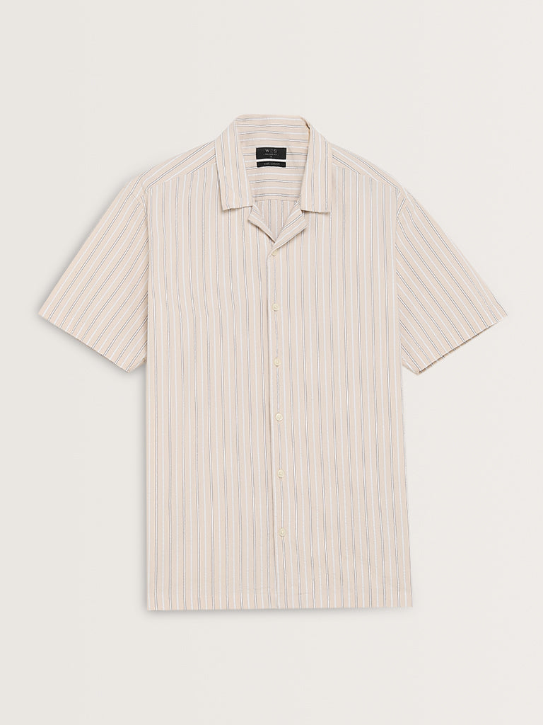 WES Casuals Light Beige Striped Relaxed-Fit Cotton Shirt