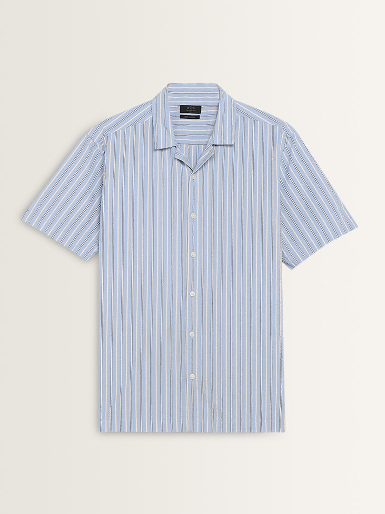 WES Casuals Blue Striped Relaxed-Fit Cotton Shirt