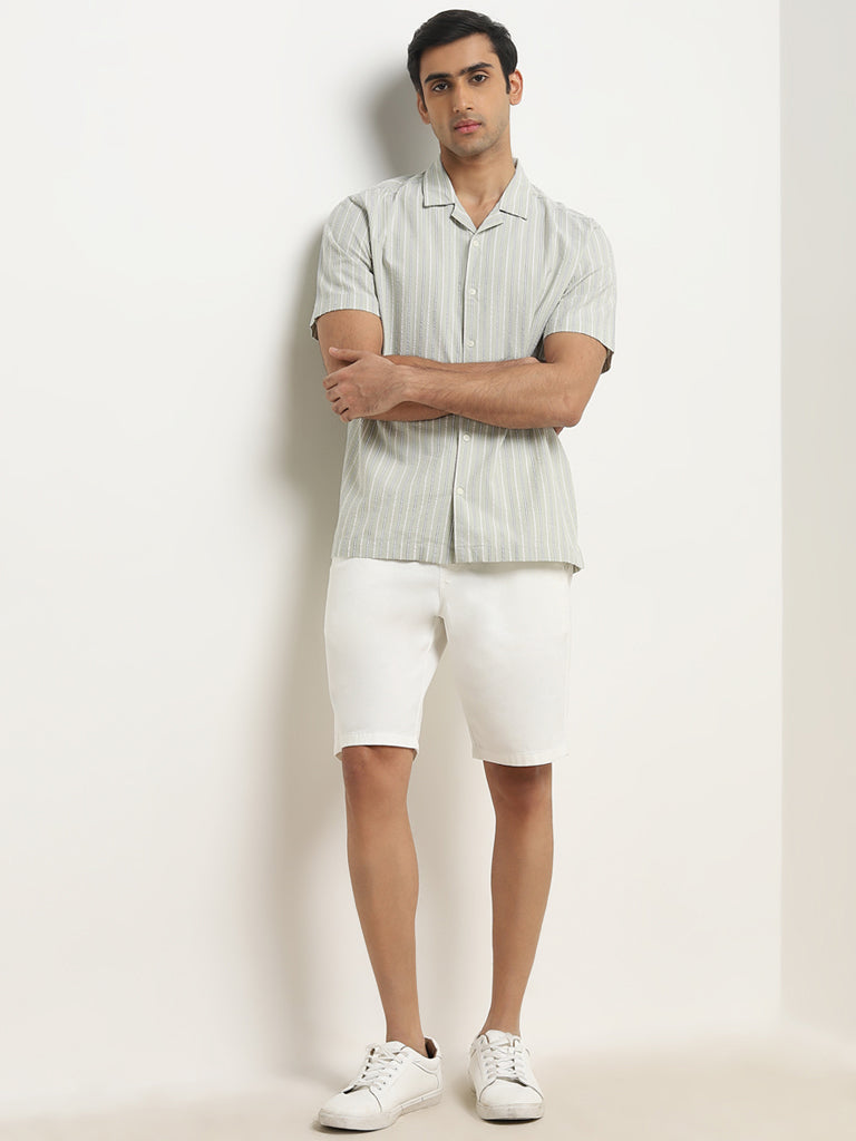 WES Casuals Light Sage Striped Relaxed-Fit Cotton Shirt