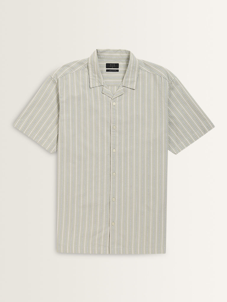 WES Casuals Light Sage Striped Relaxed-Fit Cotton Shirt