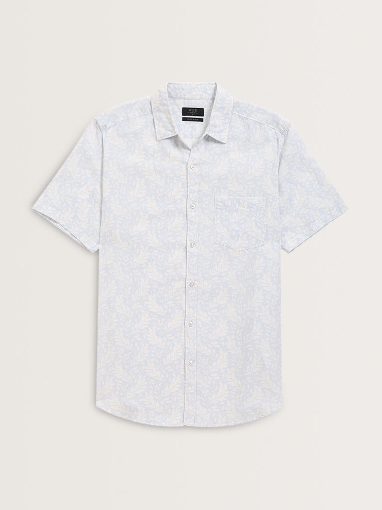 WES Casuals Light Blue Printed Slim-Fit Blended Linen Shirt