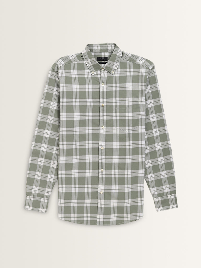 WES Casuals Sage Checks Design Relaxed-Fit Cotton Shirt