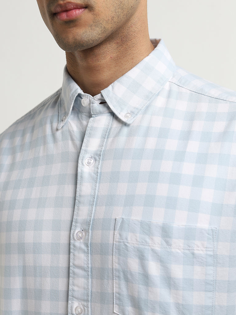 WES Casuals Light Blue Checkered Relaxed-Fit Cotton Shirt