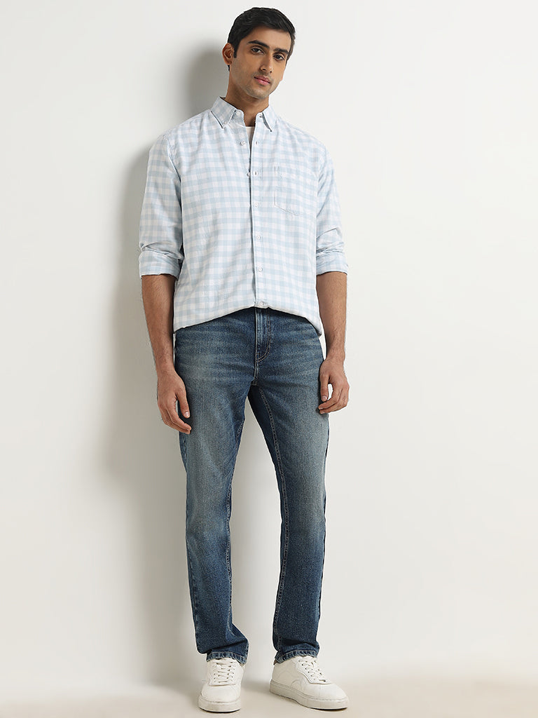 WES Casuals Light Blue Checkered Relaxed-Fit Cotton Shirt