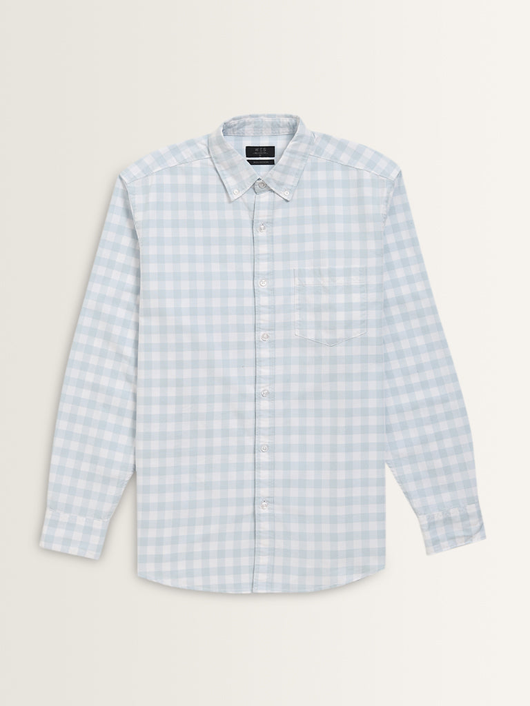 WES Casuals Light Blue Checkered Relaxed-Fit Cotton Shirt